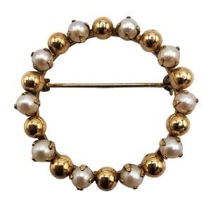 Bal Ron 12K Gold-Filled Circle Pin Genuine Pearls Vintage Mid-Century Jewelry